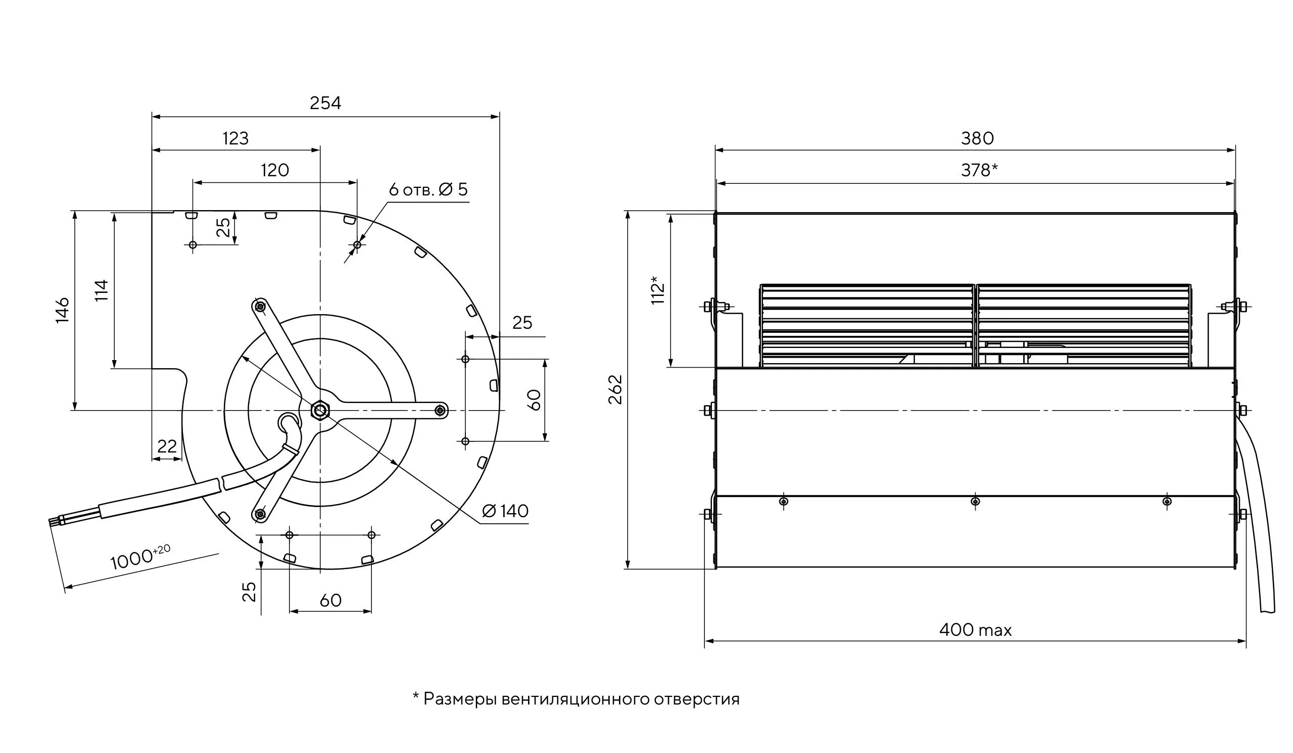Габаритные размеры — EC-вентилятор RS1E180FA0101. Размеры в миллиметрах.